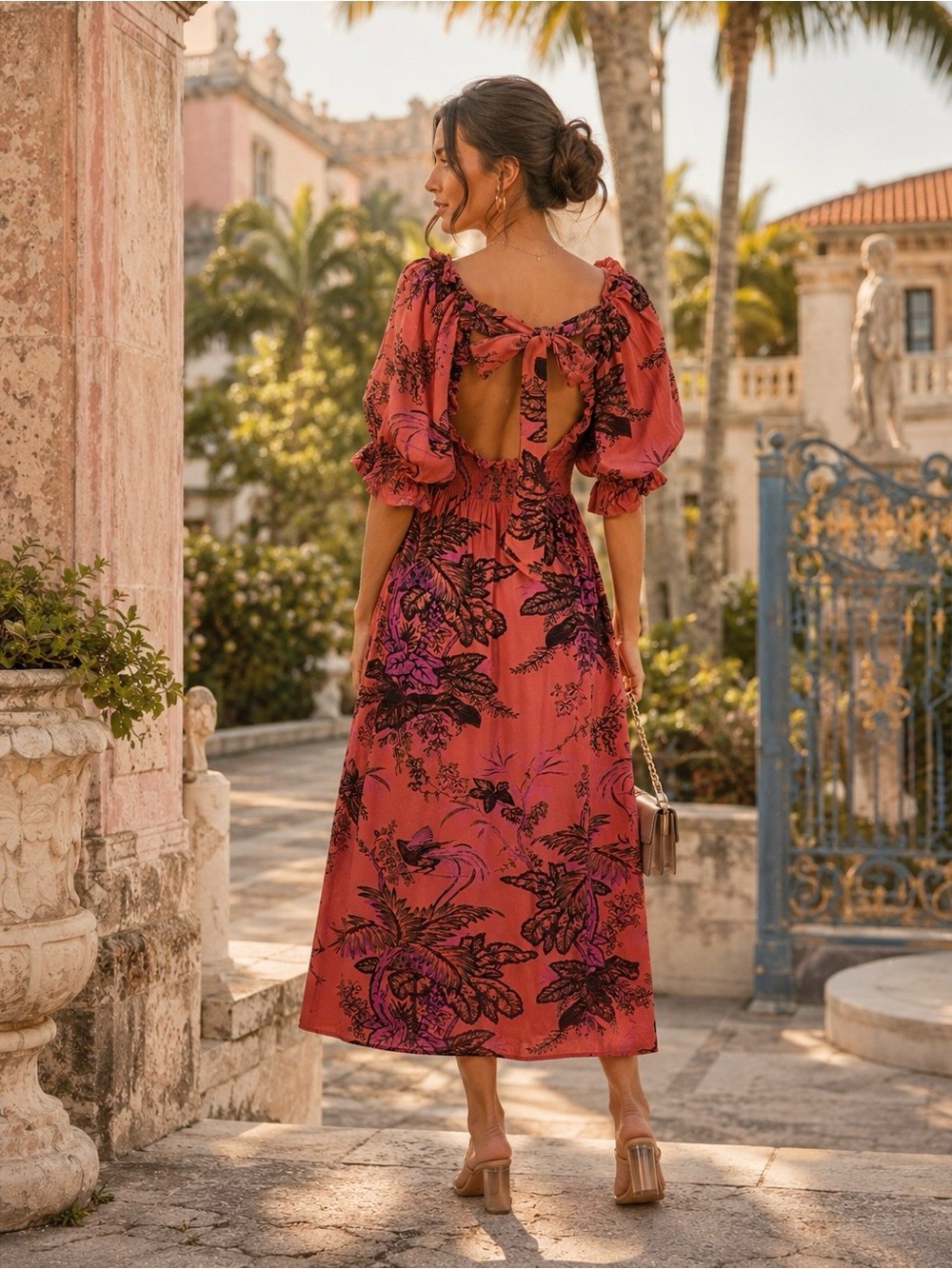 Anthropologie Smocked Puff Sleeve Open Back Midi Dress SP Boho Fall Y2K Resort